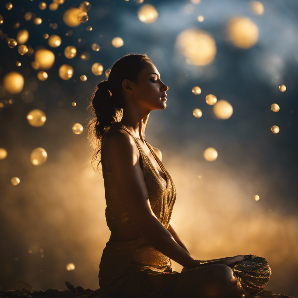 An image that captures the essence of meditation: a serene figure, cross-legged, eyes closed, surrounded by a soft glow of golden light, as thoughts float away like delicate bubbles into a tranquil sky