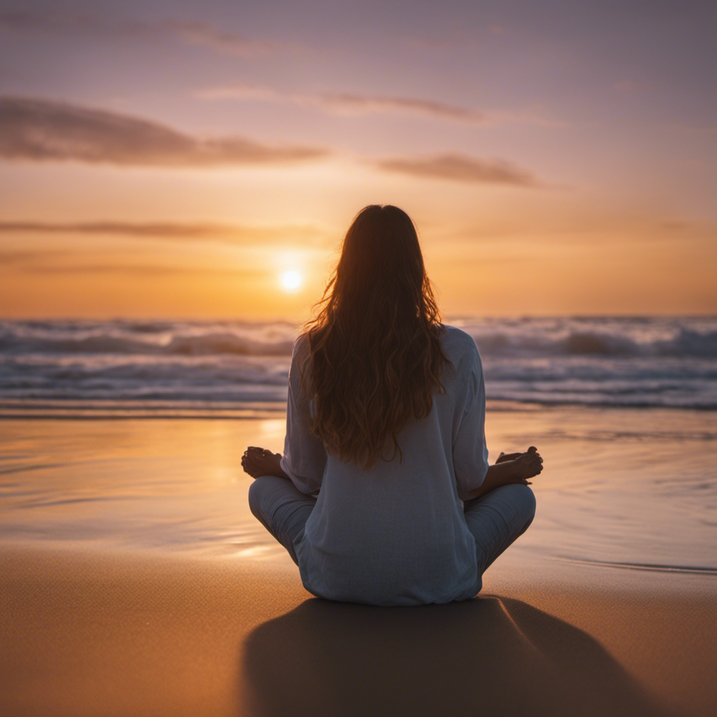 An image of a serene beach at sunrise, with a person sitting cross-legged on the sand, their closed eyes radiating a calm energy