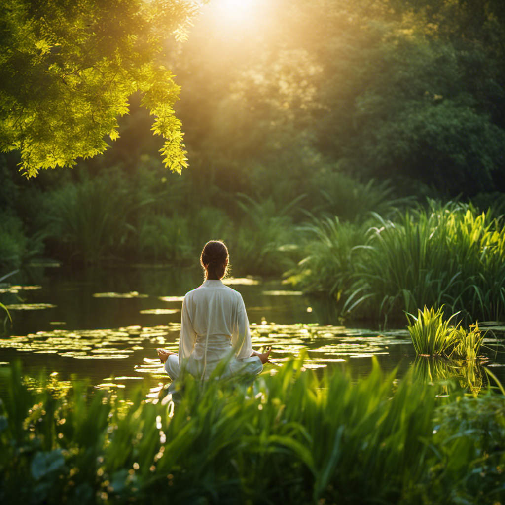 An image capturing the serene essence of meditation, featuring a person sitting cross-legged with closed eyes, surrounded by soft golden light filtering through lush green foliage, as gentle ripples form on a tranquil pond