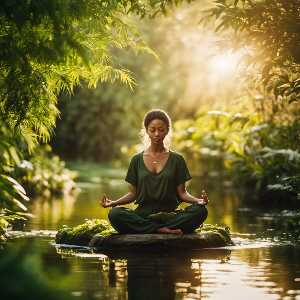 An image capturing the serene essence of meditation, featuring a person sitting cross-legged with closed eyes, surrounded by soft golden light filtering through lush green foliage, as gentle ripples form on a tranquil pond