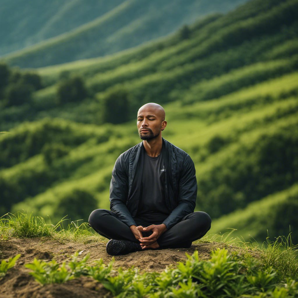 An image depicting a serene person sitting cross-legged on a mountain peak, surrounded by lush green valleys and a calm, clear sky