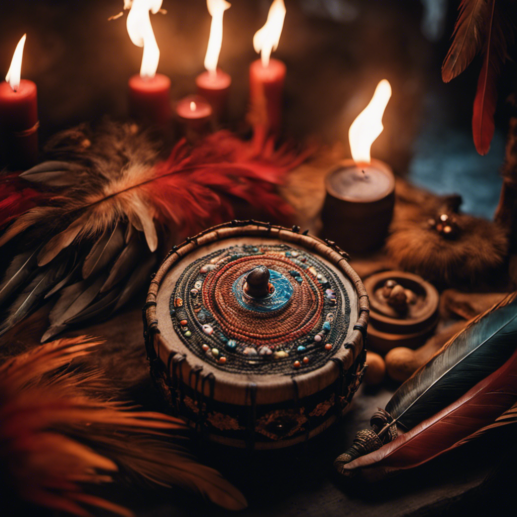 An image capturing the essence of a shaman's journey, where vibrant feathers intertwine with ancient symbols, a drum pulsates with spiritual energy, and a flickering fire illuminates the path towards wisdom and healing