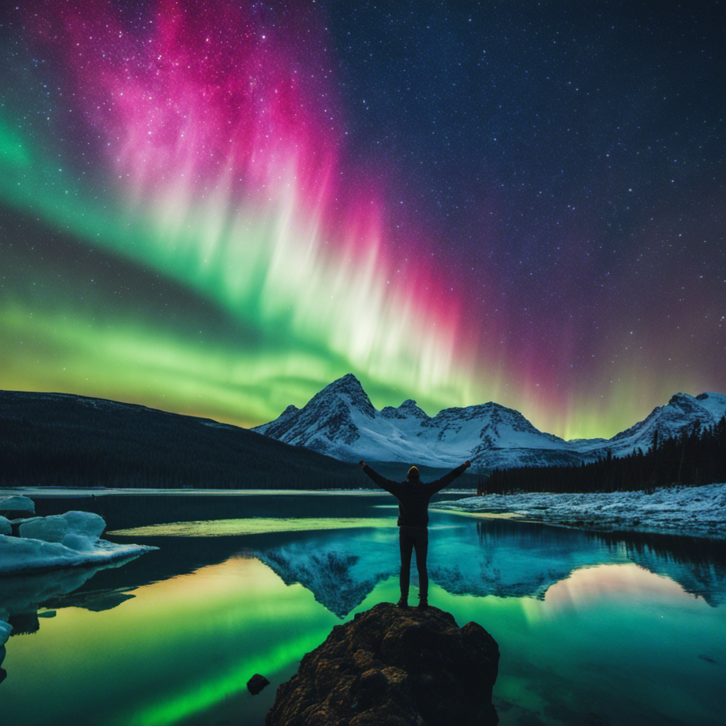 An image showcasing a serene mountain peak, where a person stands with arms outstretched, surrounded by a vibrant aurora borealis, symbolizing the immense power and tranquility that surpasses meditation