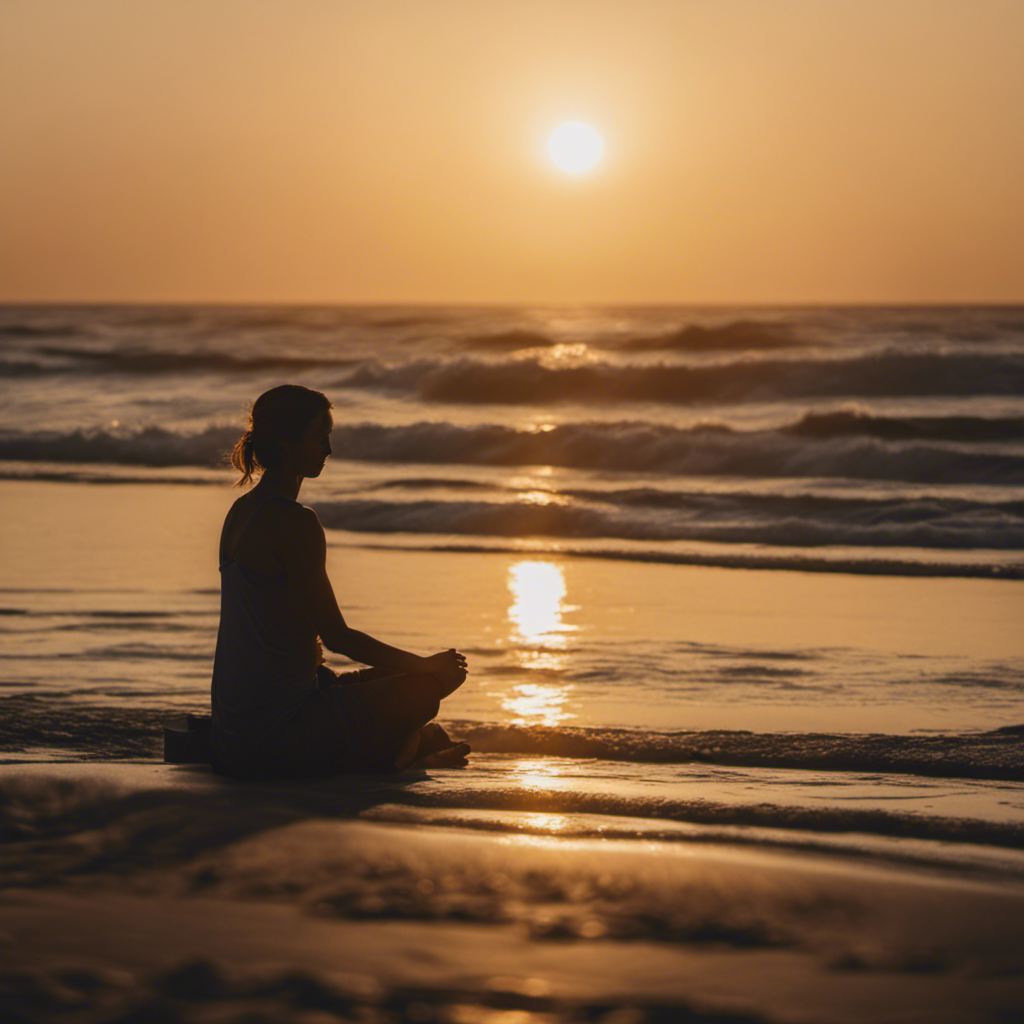 An image showcasing a serene beach scene at sunrise, with a person practicing mindfulness