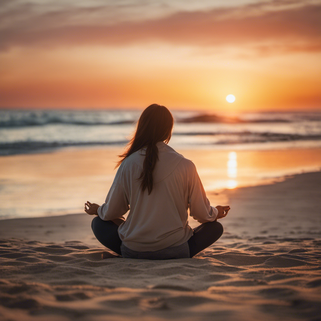 An image depicting a serene beach scene at sunrise, with a person sitting cross-legged on the sand, eyes closed, surrounded by vibrant colors and a gentle breeze, capturing the essence of mindfulness's calming and rejuvenating benefits