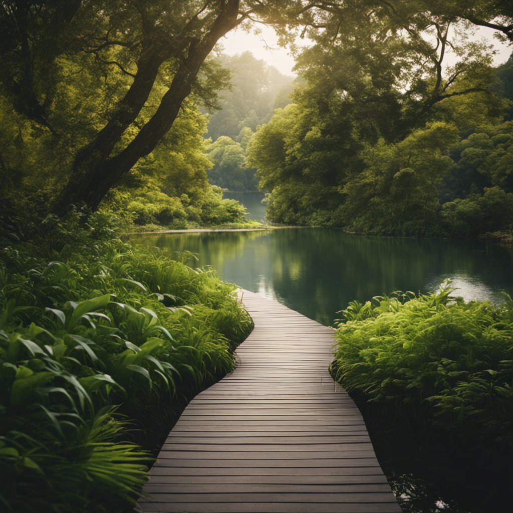 An image depicting a serene, winding path surrounded by lush foliage, leading to a sparkling, reflective lake