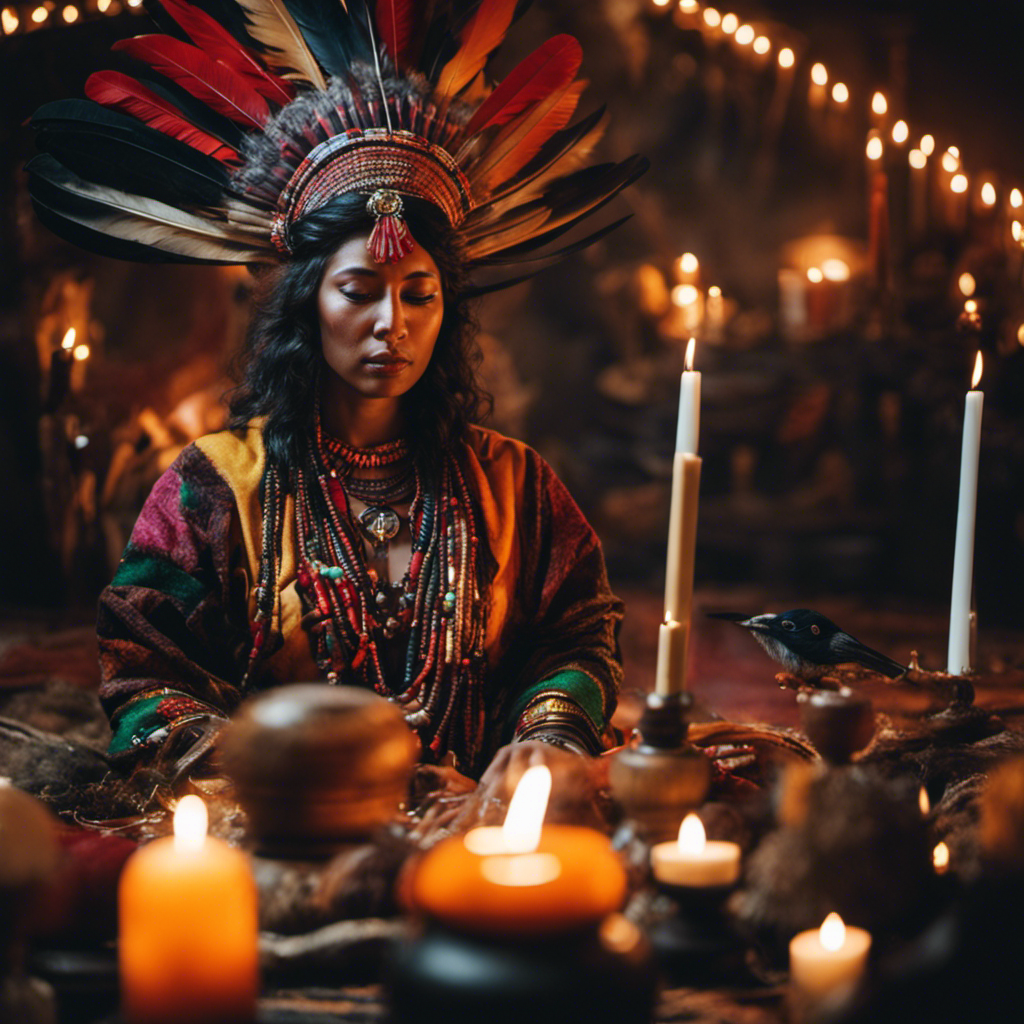 An image showcasing a shamanic ritual, with a shaman adorned in vibrant feathers and intricately patterned robes, surrounded by flickering candles, sacred herbs, rattles, drums, and mystical symbols
