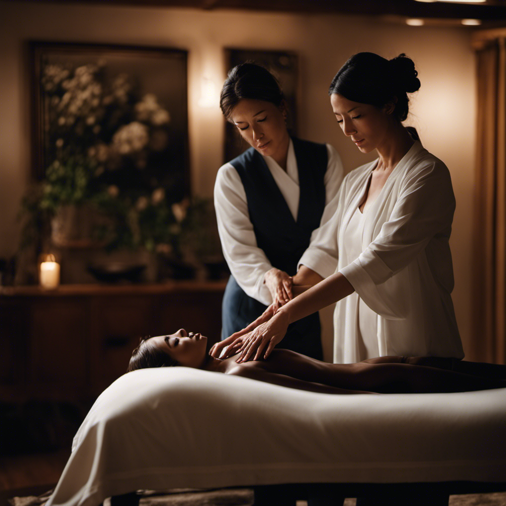 An image showcasing a serene, dimly lit room with a Reiki practitioner gently placing their hands on a client's body