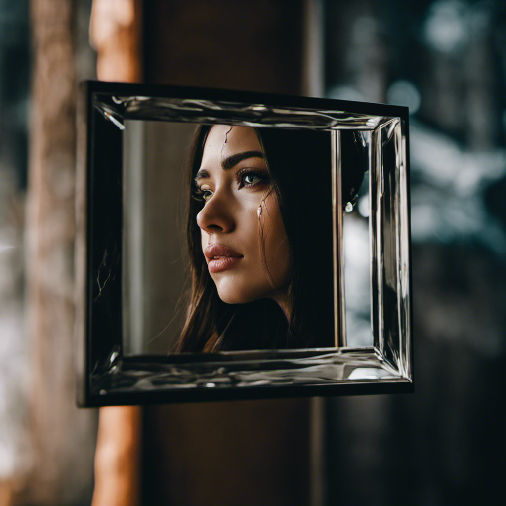 An image of a person staring at their reflection in a cracked mirror, with tears streaming down their face