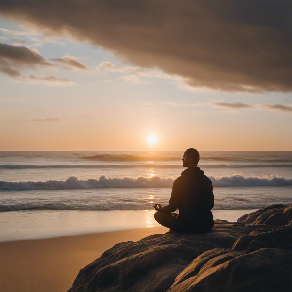 An image capturing a serene beach at sunrise, with a meditator sitting cross-legged on a rock, surrounded by gentle waves