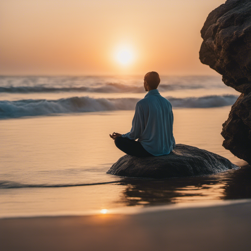 An image capturing a serene beach at sunrise, with a meditator sitting cross-legged on a rock, surrounded by gentle waves