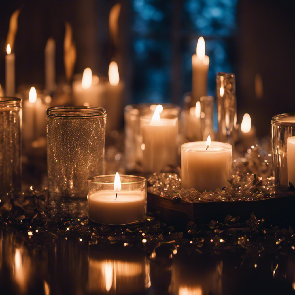 An image capturing a serene scene of a candle-lit altar adorned with crystals, feathers, and a handwritten intention note