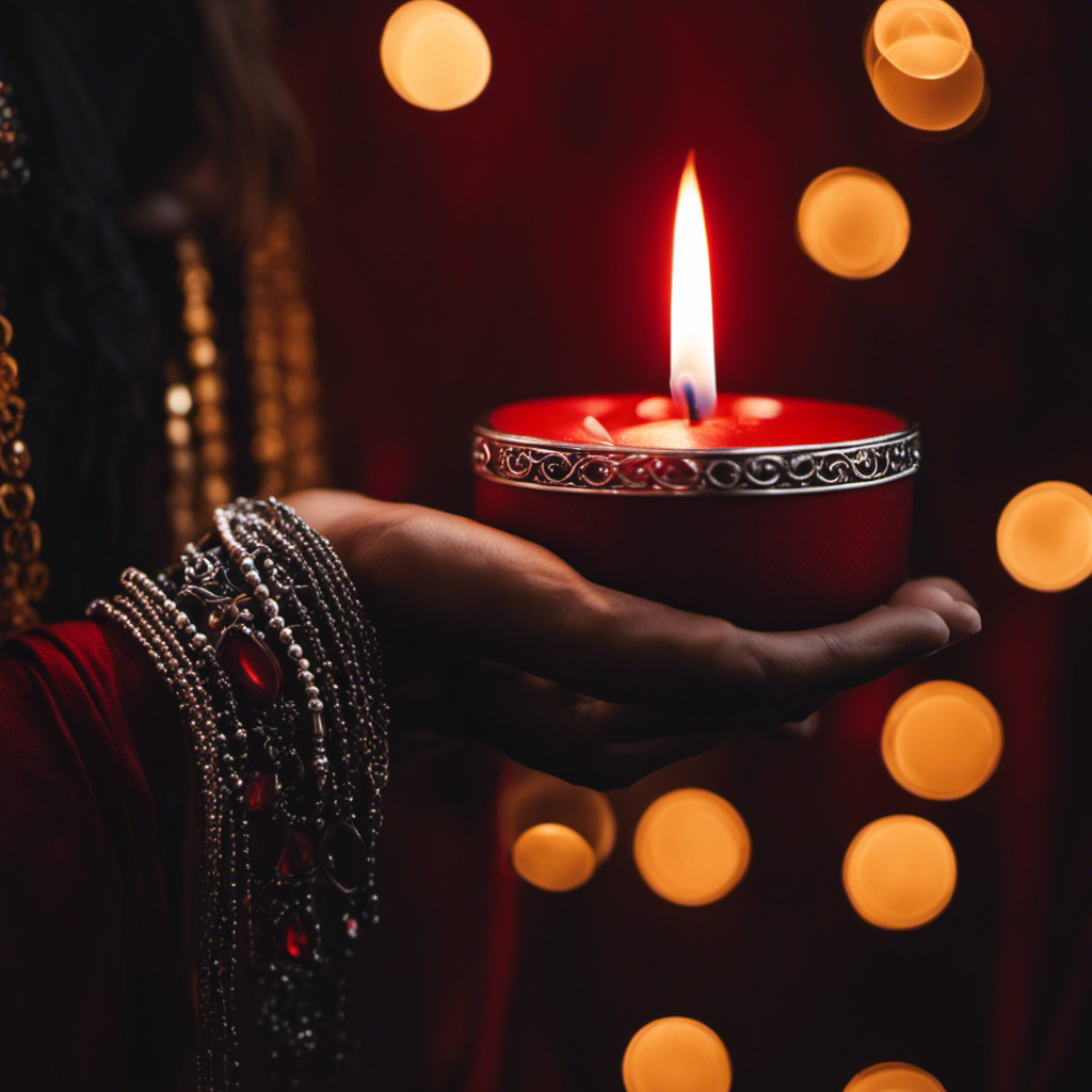 An image capturing the enchantment of candle magic: a slender hand adorned with intricate silver rings, gracefully flicking a burning crimson candle, as shimmering tendrils of smoke dance around it, weaving spells into the air