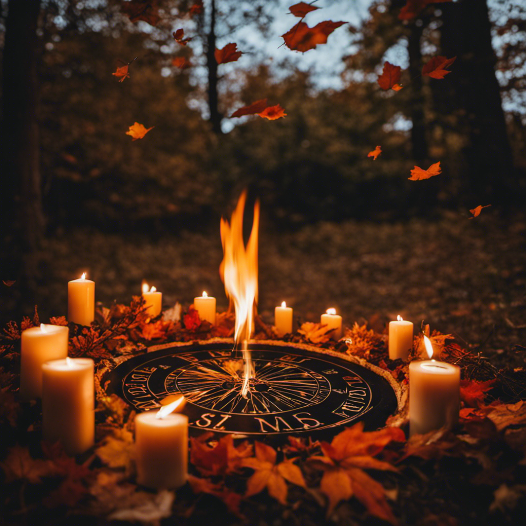 An image capturing the enchanting essence of the Wiccan Wheel of Sabbats: vibrant autumn leaves swirling around a sacred bonfire, with a crescent moon shining above and candles flickering on an altar adorned with herbs and crystals