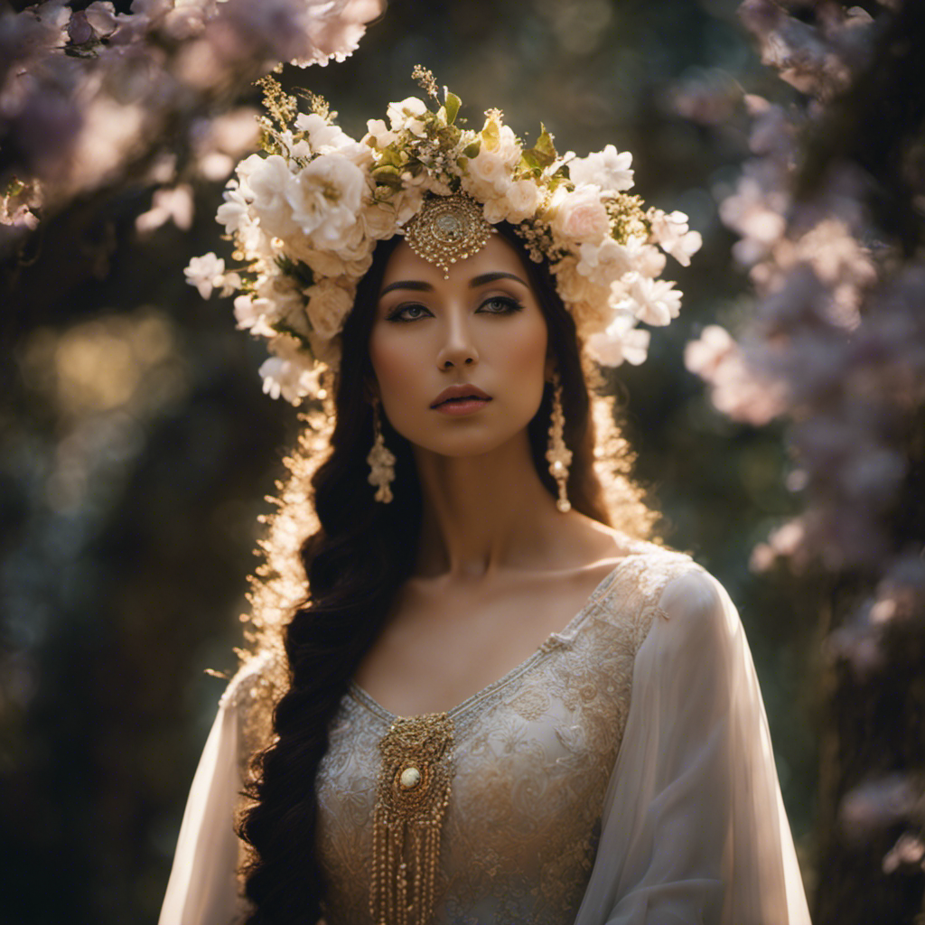 An image capturing the essence of sacred goddess archetypes; depict an ethereal moonlit forest, adorned with blooming flowers, where a radiant goddess stands, embodying serene wisdom and nurturing grace