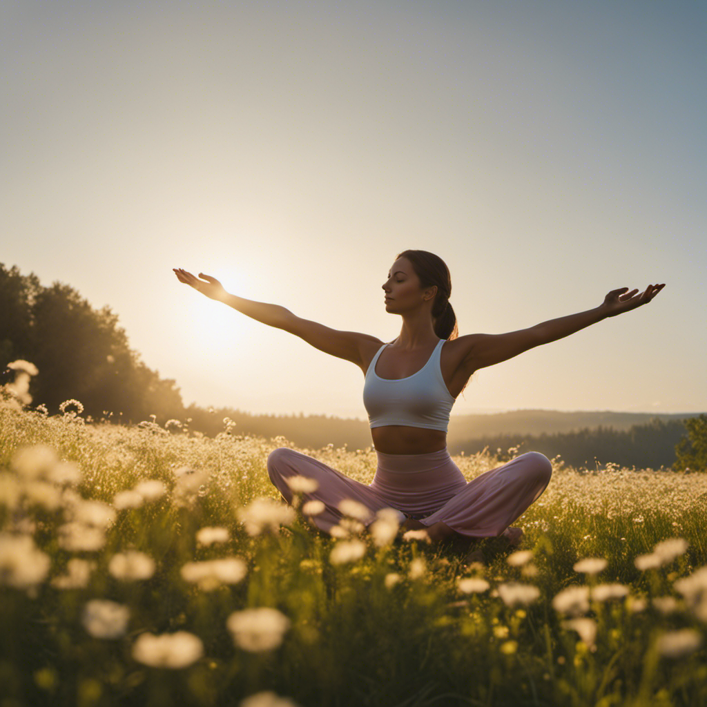 An image showcasing a serene woman practicing yoga in a lush, flower-filled meadow, bathed in ethereal sunlight