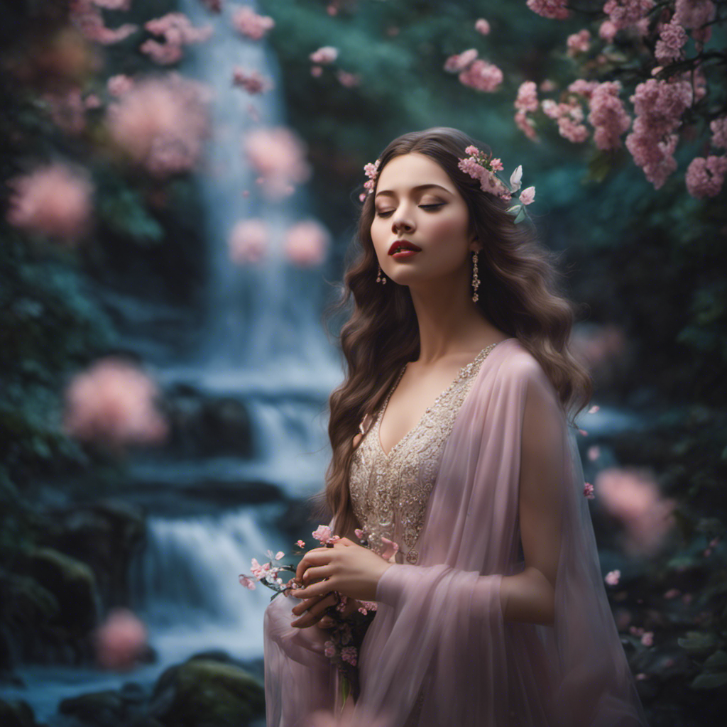An image that captures the essence of the Feminine Divine, portraying a serene moonlit forest with a gentle waterfall, surrounded by blooming flowers, where ethereal beings gracefully dance in harmonious celebration of life and love