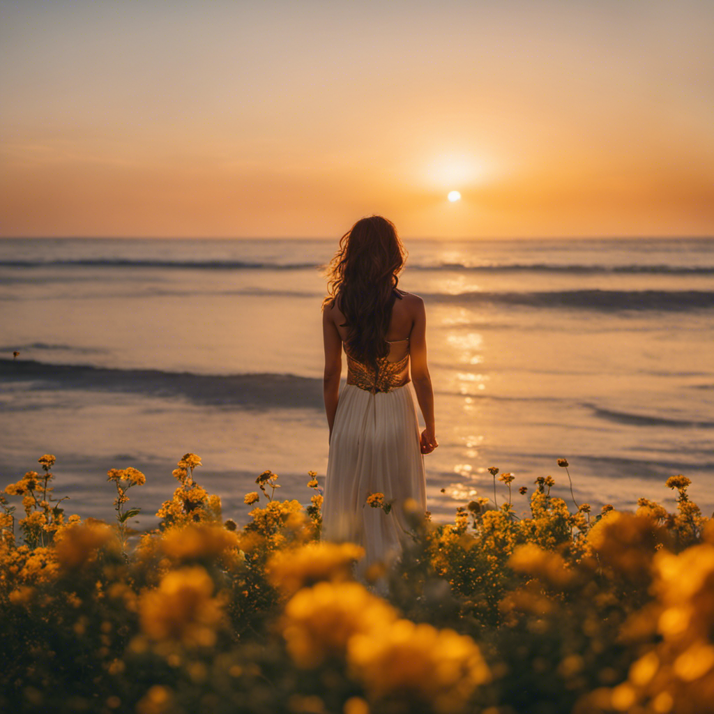 An image that captures the essence of connecting with the divine goddess energy: a serene, golden sunset over a calm ocean, where vibrant flowers bloom, and a gentle, ethereal figure emerges, radiating healing light