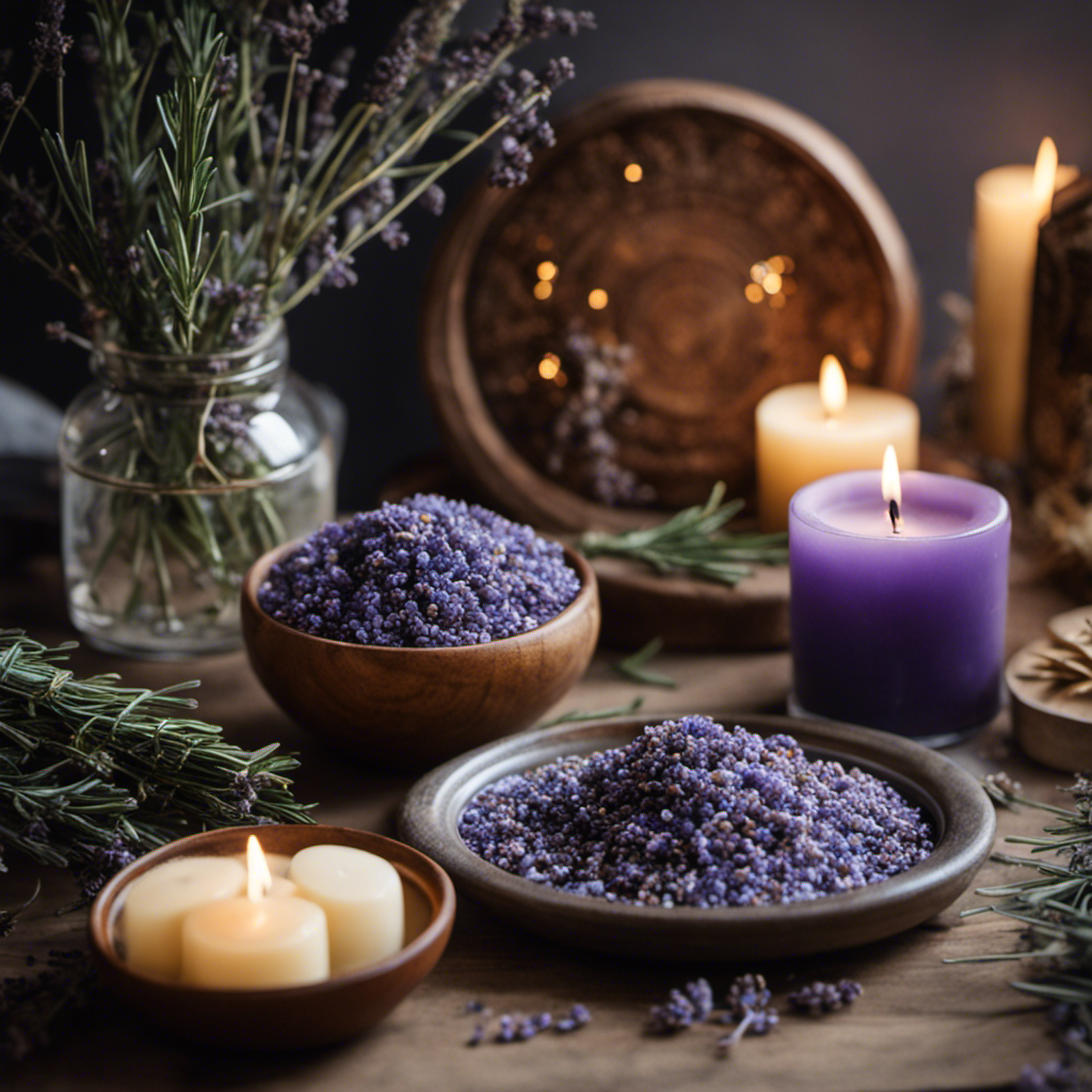 An image showcasing an array of meticulously arranged ingredients: dried lavender buds, moonstone crystals, rosemary sprigs, and beeswax candles, evoking an enchanting atmosphere for crafting spells and emphasizing the importance of ingredient selection