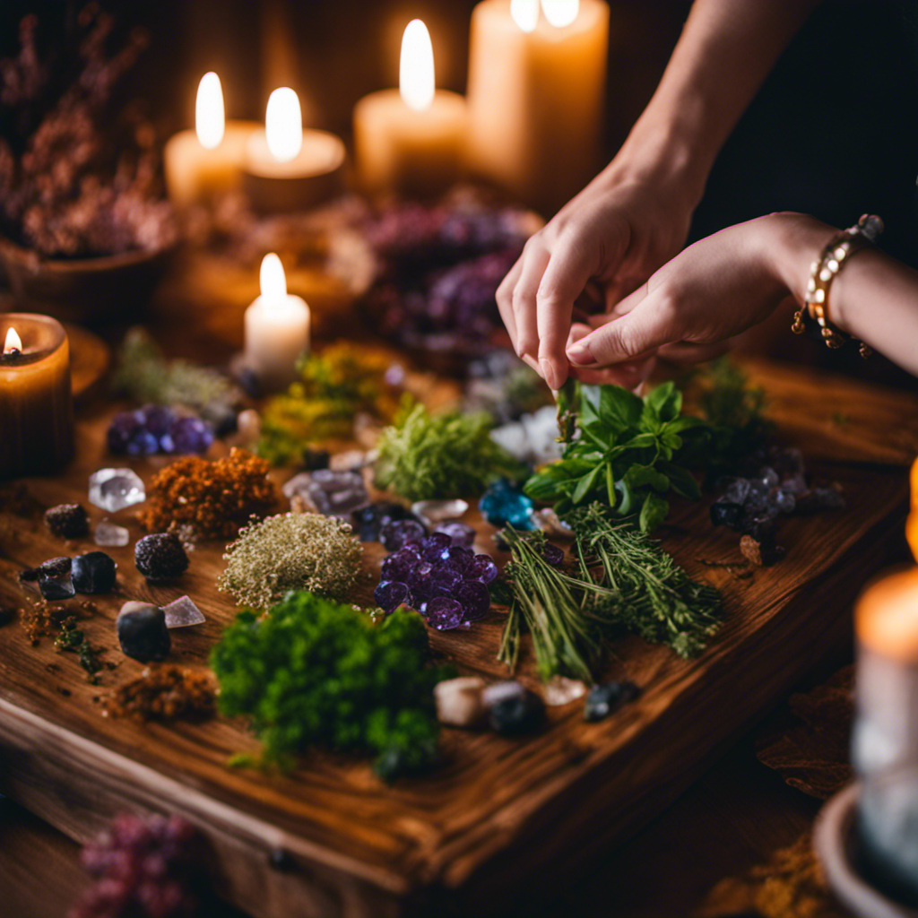An image depicting a pair of hands carefully arranging vibrant herbs and crystals on a wooden altar, surrounded by a soft glow, symbolizing the art of crafting powerful spells for beginners