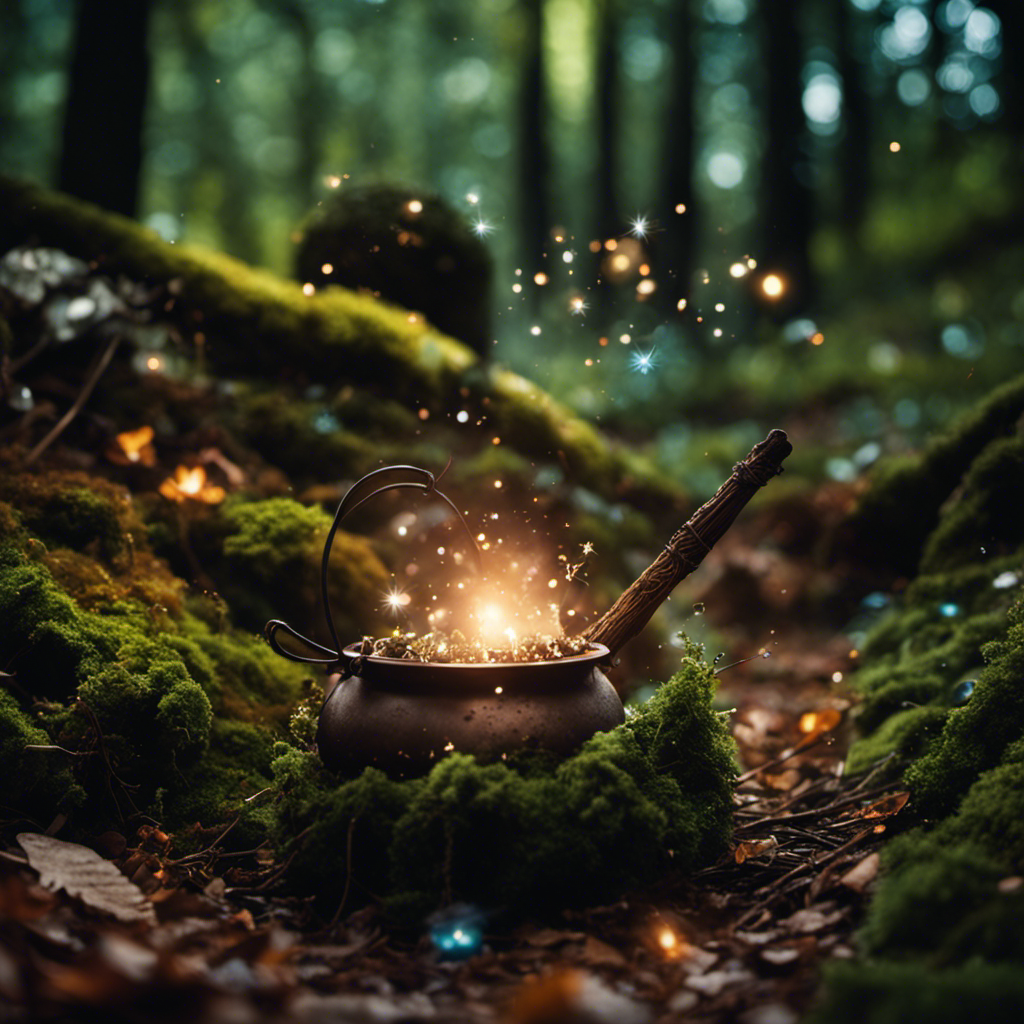 An image of a mystical forest clearing adorned with a variety of spellcasting tools, from a bubbling cauldron to a shimmering wand, showcasing the diverse techniques of spellcraft