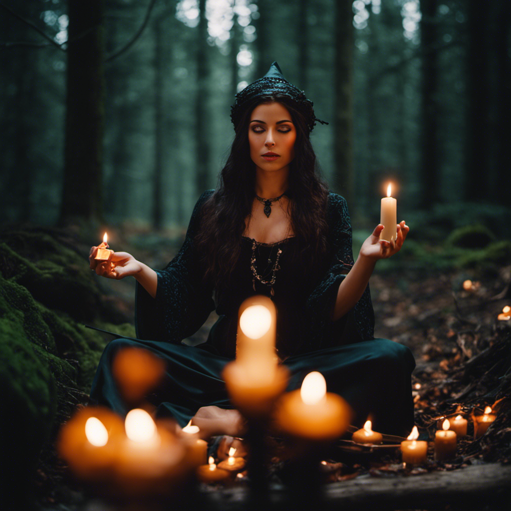 An image showcasing a novice witch in a serene forest, surrounded by flickering candles and spell ingredients