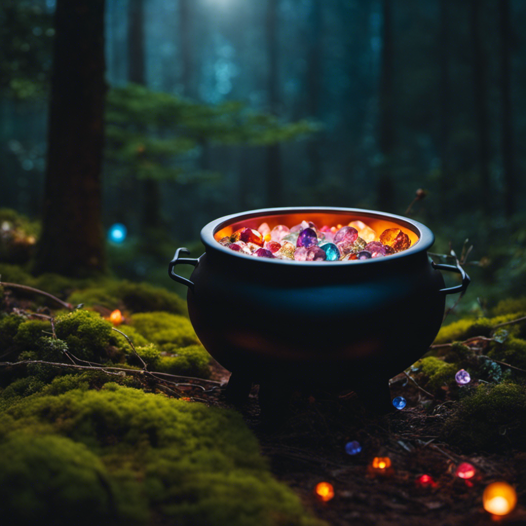 An image of a serene, moonlit forest with a crystal-filled cauldron at its center