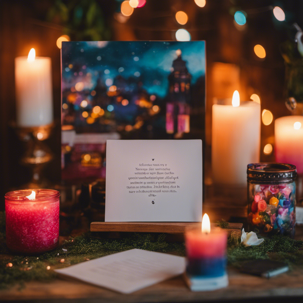 An image showcasing a serene, candlelit room with a vibrant, hand-painted vision board adorned with colorful affirmations and symbols representing personal goals and desires