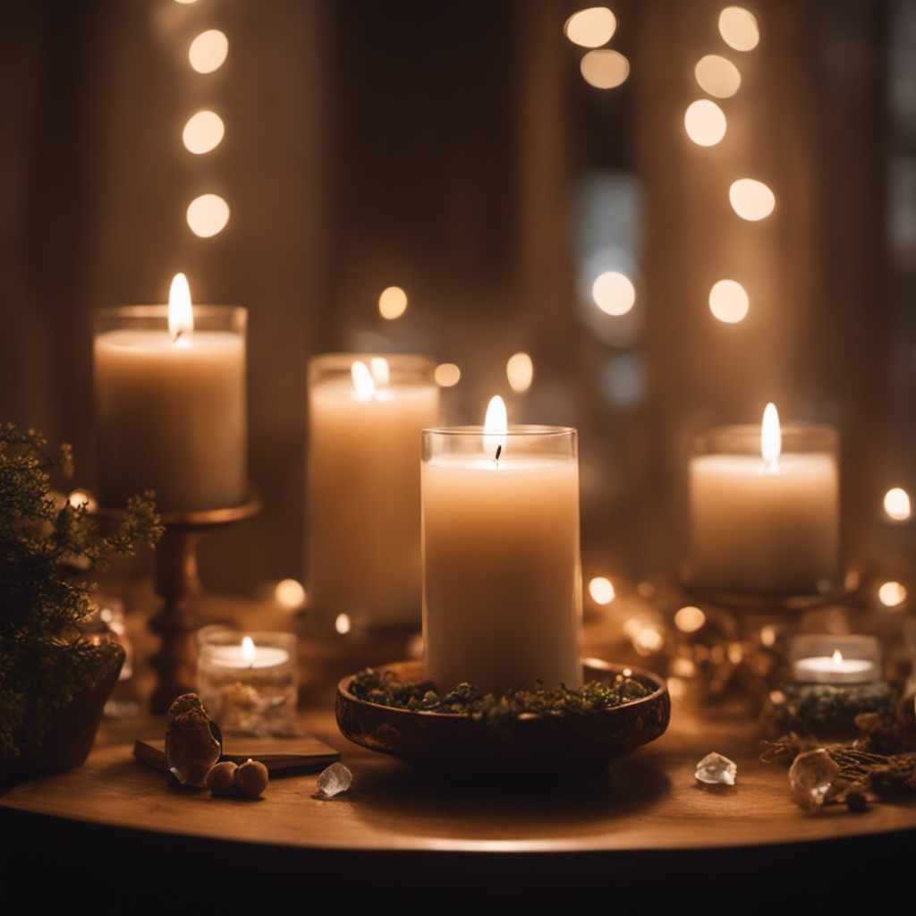 An image depicting a serene, candle-lit space adorned with an altar showcasing sacred objects such as crystals, herbs, and a handwritten intention