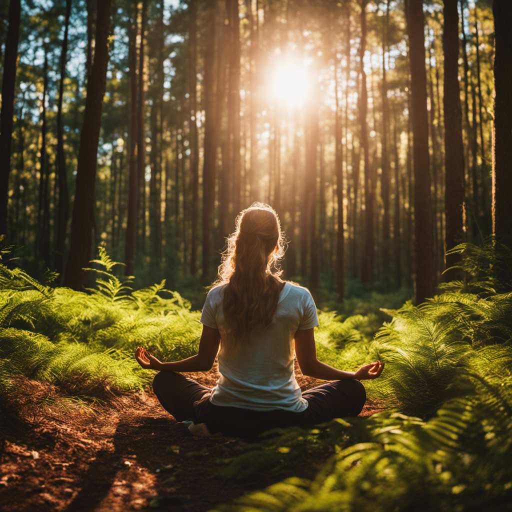 An image featuring a person sitting cross-legged in a serene forest clearing, their palms facing up, surrounded by vibrant energy swirls