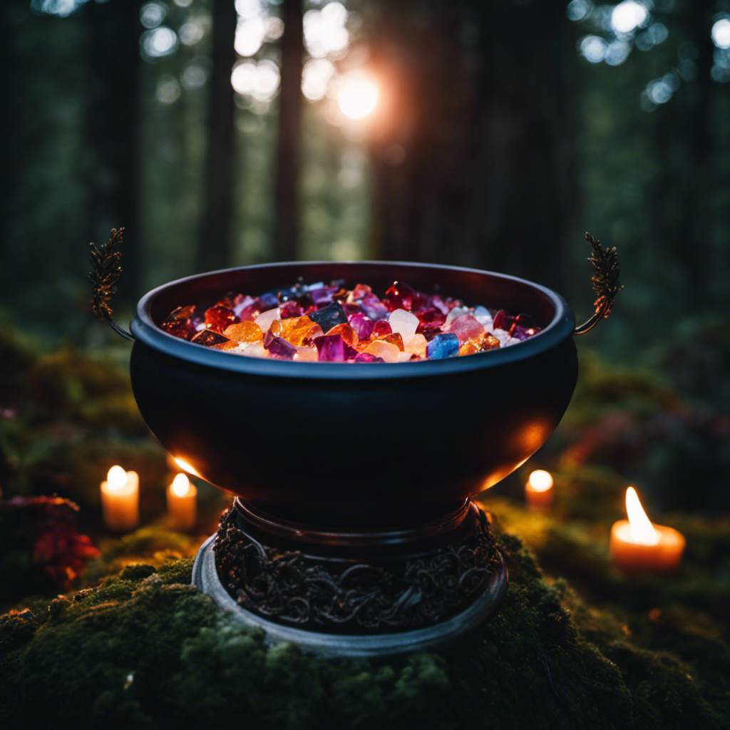 An image showcasing a serene forest clearing bathed in moonlight, adorned with an altar of vibrant crystals, flickering candles, and a cauldron billowing incense smoke, evoking the mystical ambiance of modern paganism