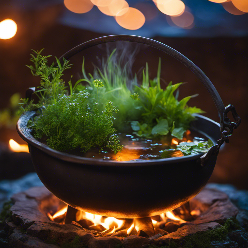 An image showcasing a cauldron filled with bubbling water, surrounded by vibrant green herbs, crackling flames dancing beneath, a feather gently floating above, and a crystal gleaming in the moonlight