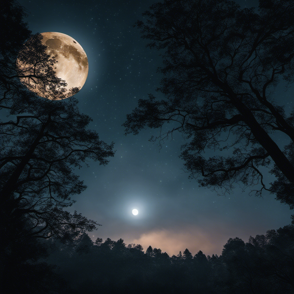 An image showcasing a serene night sky, bathed in the ethereal glow of a full moon, casting enchanting moonbeams onto a tranquil forest