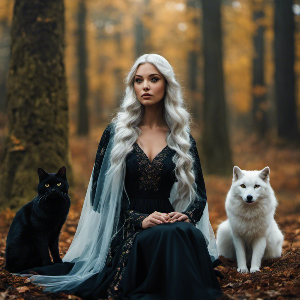 An image that showcases a witch seated at an enchanting forest clearing, surrounded by her familiar spirits; a majestic black cat, a wise owl perched on a branch, and a mystical white wolf