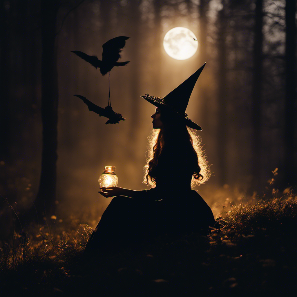 An image showcasing a silhouette of a witch communing with her familiar spirit, their eyes locked in understanding