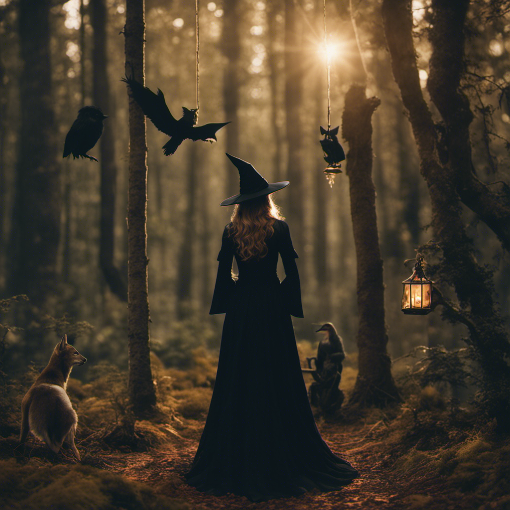 An image that depicts a mystical forest scene with a witch surrounded by various animal companions, reflecting the diverse history of Wiccan familiar spirits through the ages