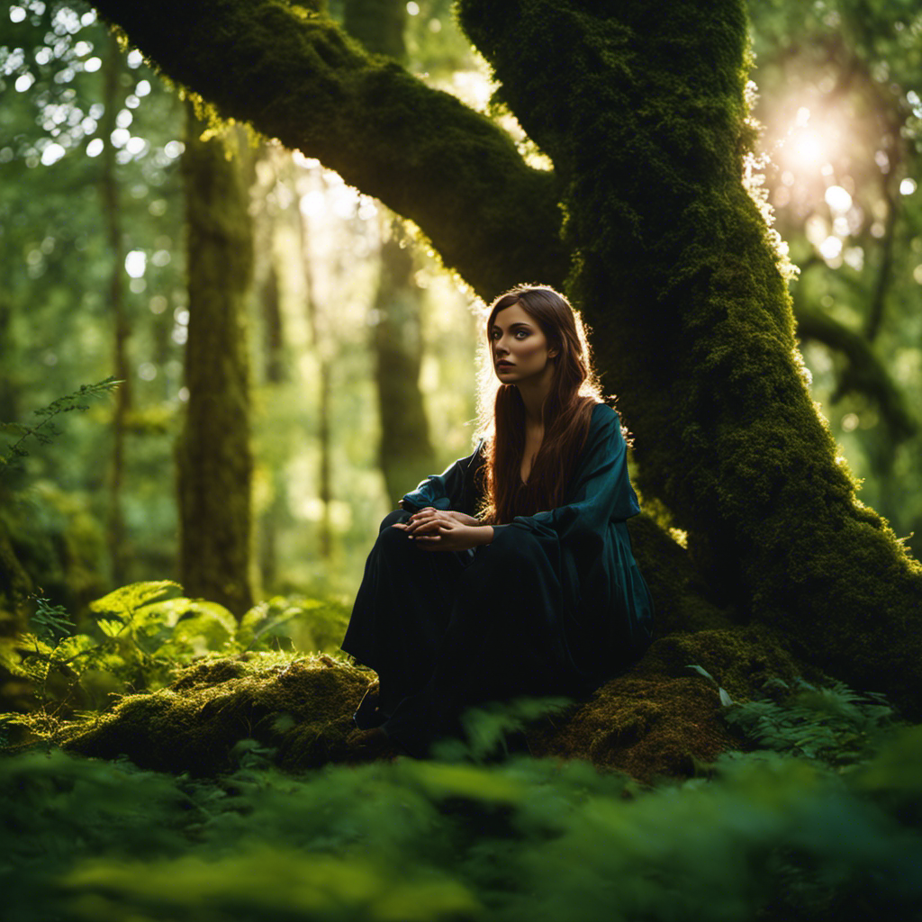 An image that portrays a Wiccan practitioner sitting cross-legged in a lush, enchanted forest, with their familiar spirit perched on their shoulder, exchanging a loving gaze