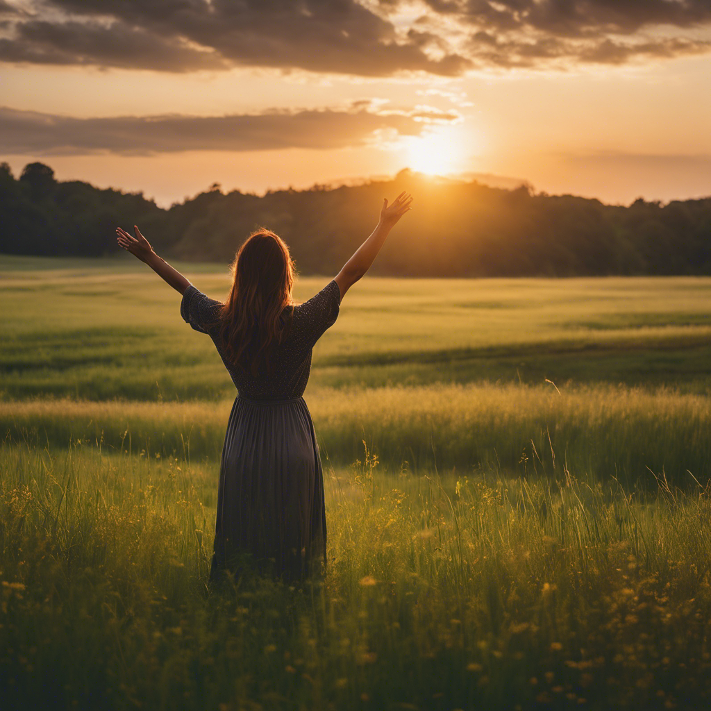 An image showcasing a serene sunrise over a calm, lush meadow