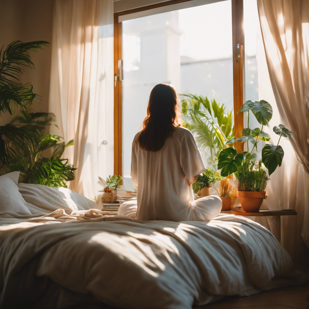 An image showcasing a serene morning routine: a sun-kissed bedroom with soft, diffused light pouring through sheer curtains