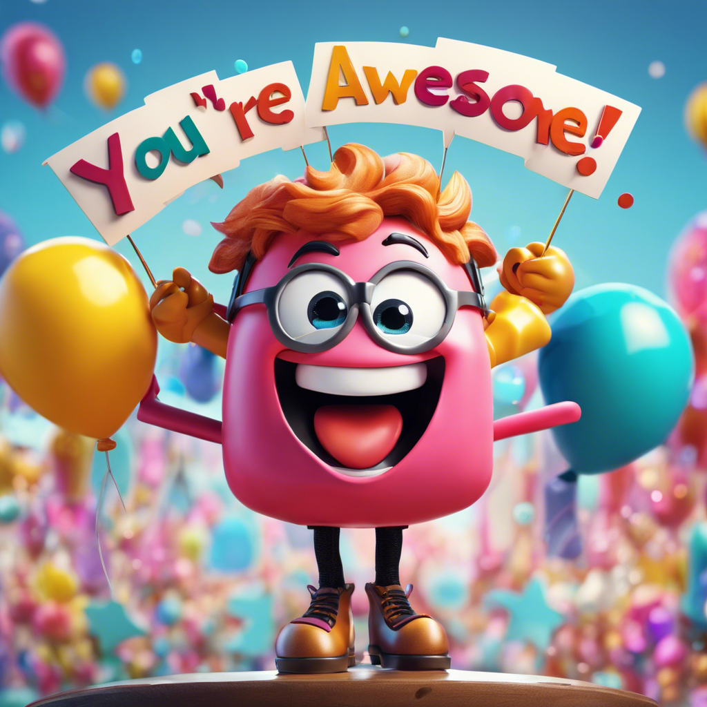 An image featuring a whimsical, cartoon-like character with a big smile, surrounded by colorful speech bubbles filled with laughter