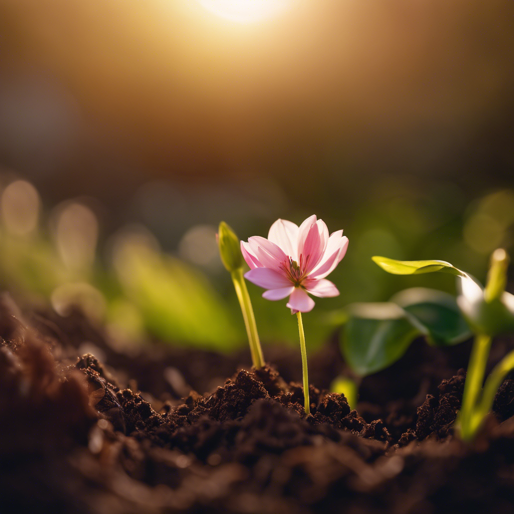 An image of a budding flower emerging from the soil, bathed in warm sunlight