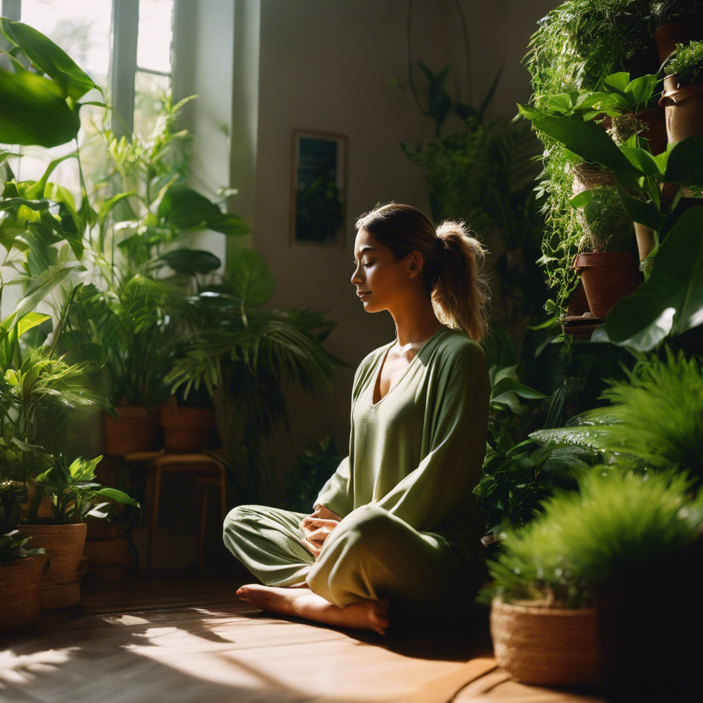 An image showcasing a serene, sunlit room adorned with vibrant green plants and a cozy corner, where a person is peacefully meditating with closed eyes, embracing positivity and self-affirmation