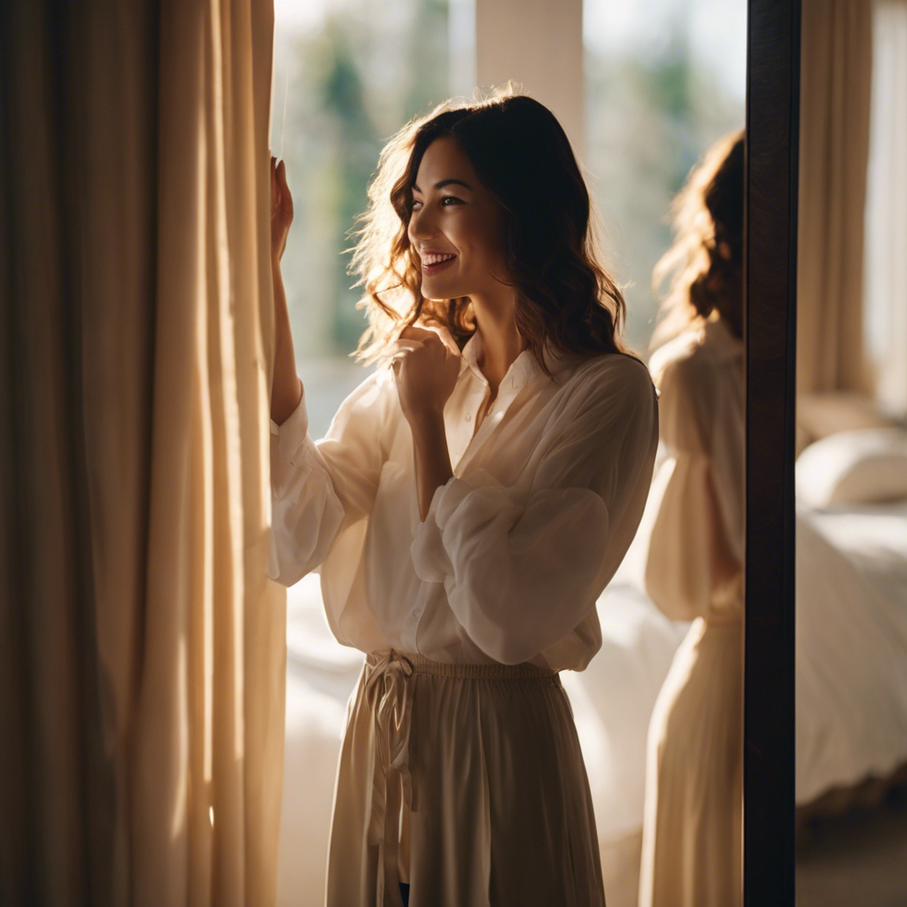 a serene morning scene of a person standing in front of a mirror, bathed in soft sunlight, with a radiant smile and arms outstretched, exuding confidence and self-love
