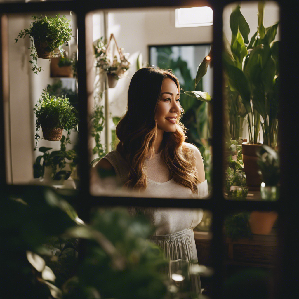 An image showcasing a serene setting with a person standing in front of a mirror, gently smiling and confidently repeating affirmations