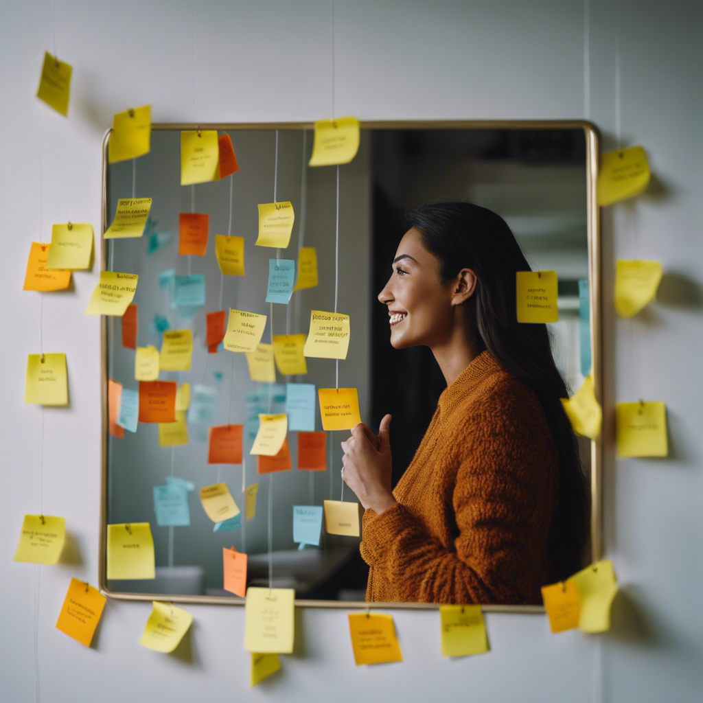 An image featuring a person standing in front of a mirror, surrounded by sticky notes with positive affirmations