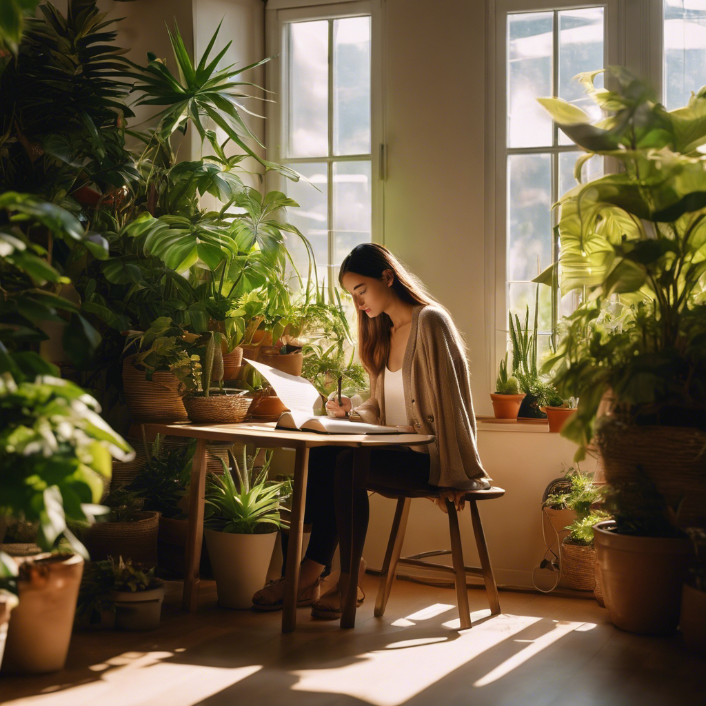 An image of a person sitting in a peaceful, sunlit room, surrounded by vibrant potted plants
