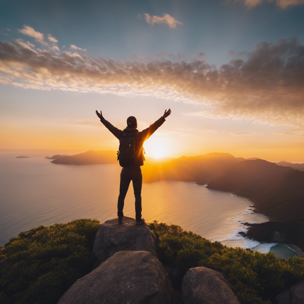 An image showcasing a serene sunrise over a calm ocean, with a person standing on a mountain peak, arms outstretched, surrounded by vibrant rays of light, symbolizing personal growth and empowerment