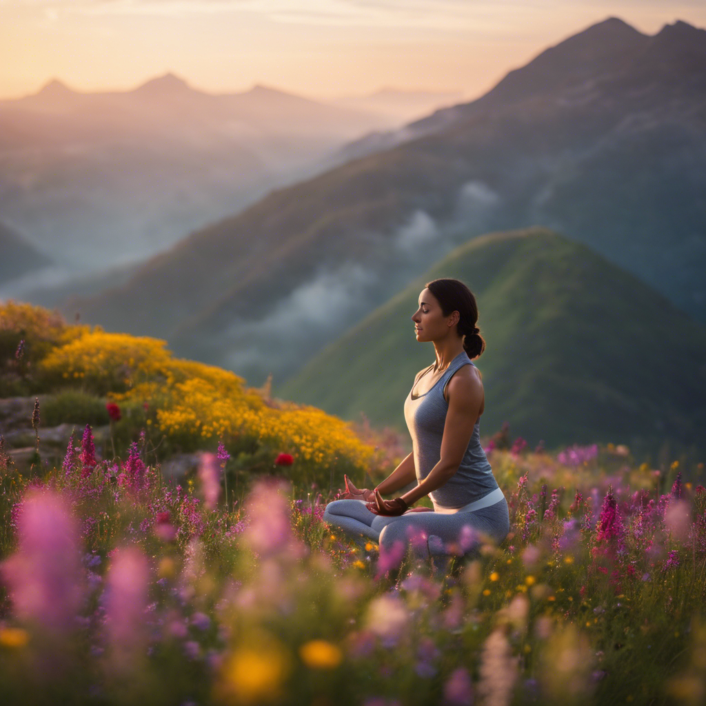 An image showcasing a serene sunrise over a misty mountaintop, with a figure practicing yoga in a meditative pose amidst vibrant wildflowers, symbolizing the transformative power of daily affirmations for personal growth