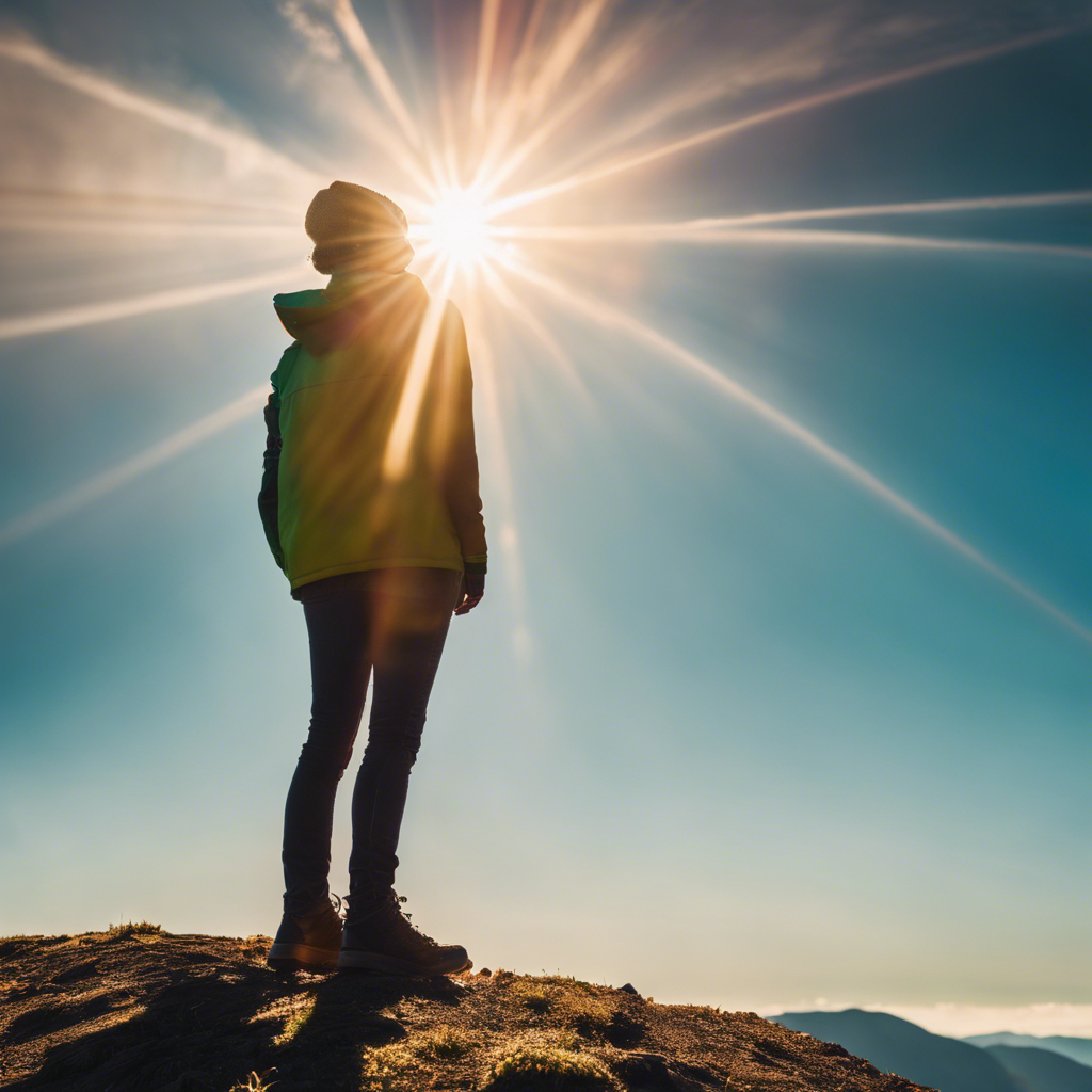 An image of a person standing on a mountaintop, surrounded by vibrant rays of sunlight