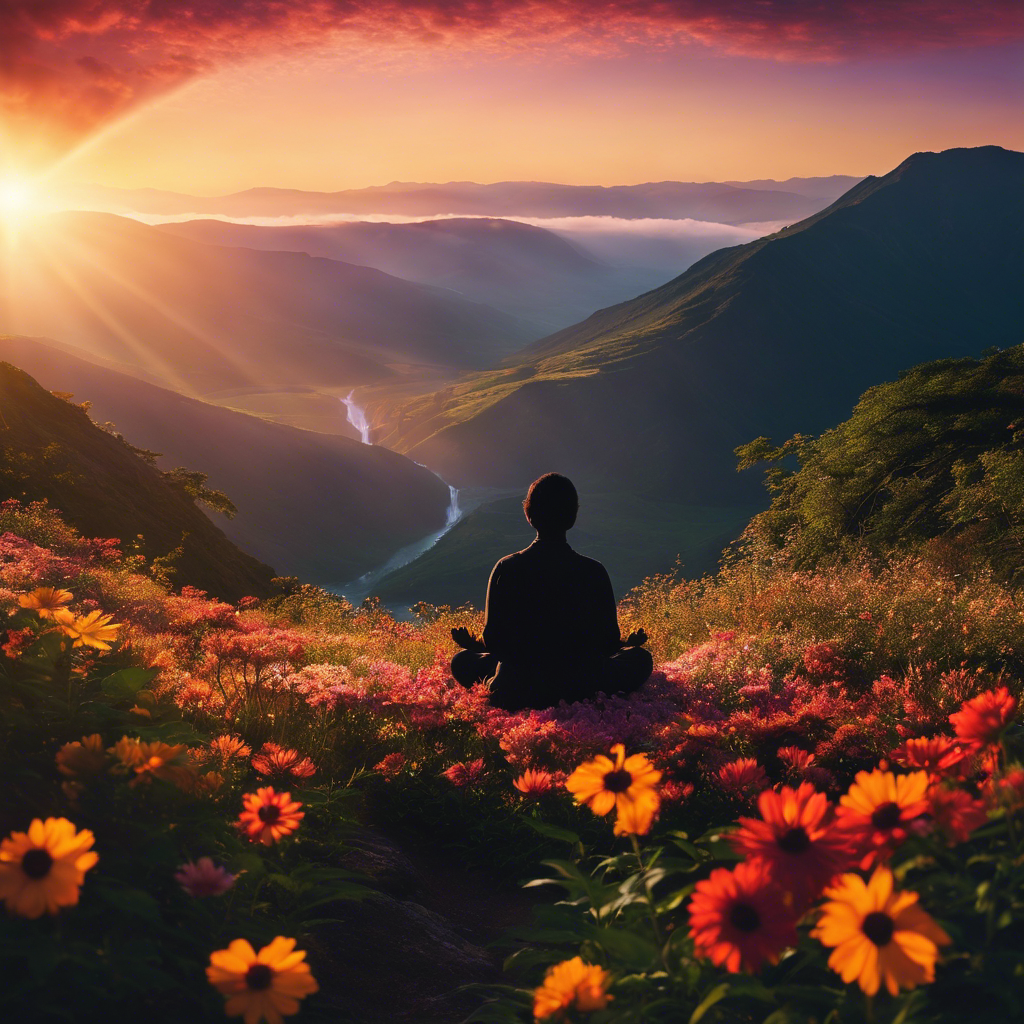 An image showcasing a vibrant sunrise breaking through a silhouette of a person meditating on a mountaintop, surrounded by blooming flowers and a serene waterfall, symbolizing the transformative power of affirmations on personal growth